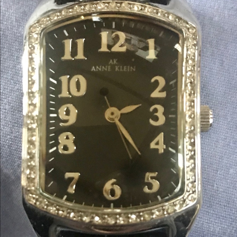 Black Leather Anne Klein Watch Rhinestone Face